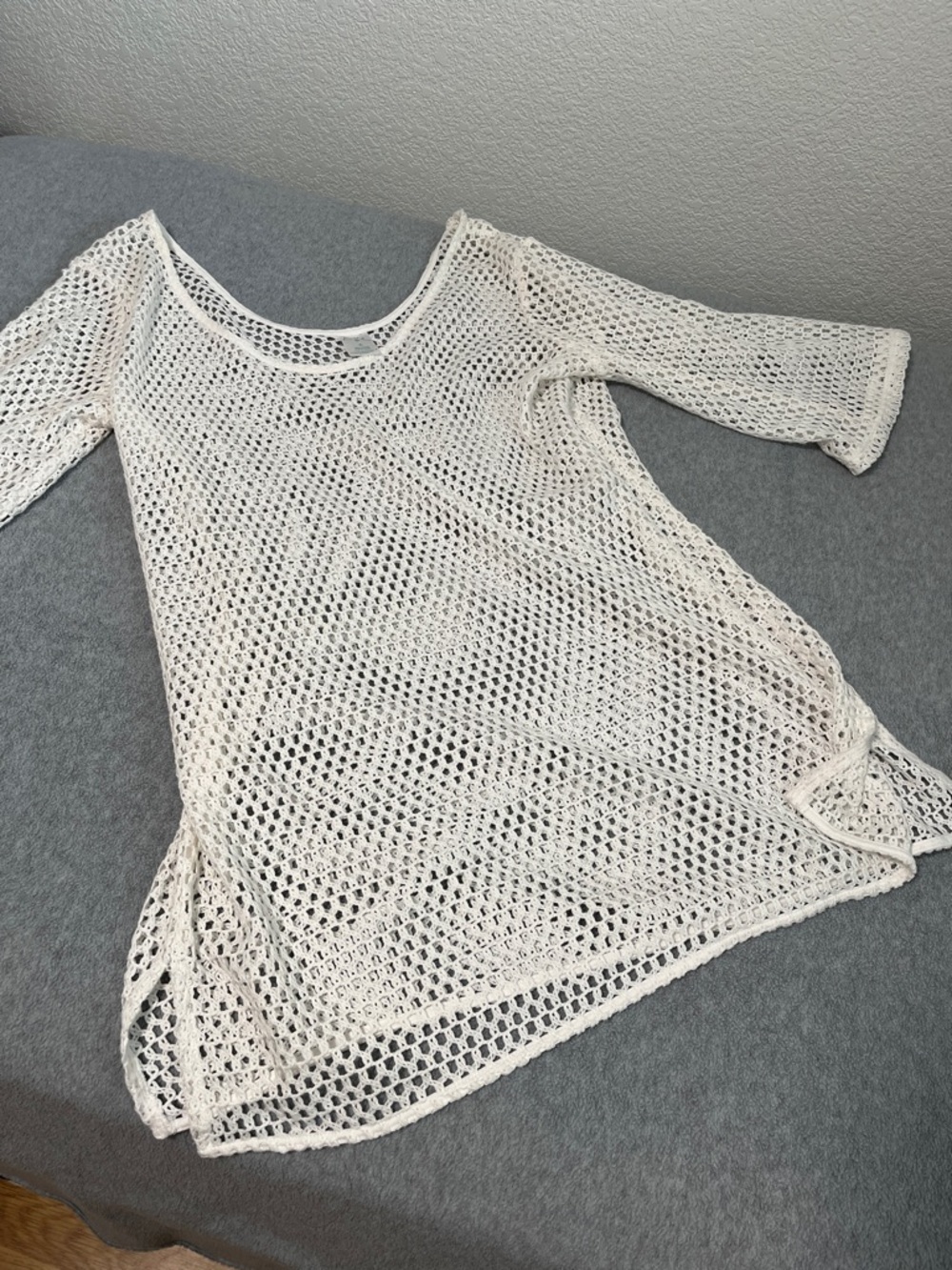 Boho Crochet Open Knit Swim Coverup Tunic Top Size XL Indie White Beach Coastal